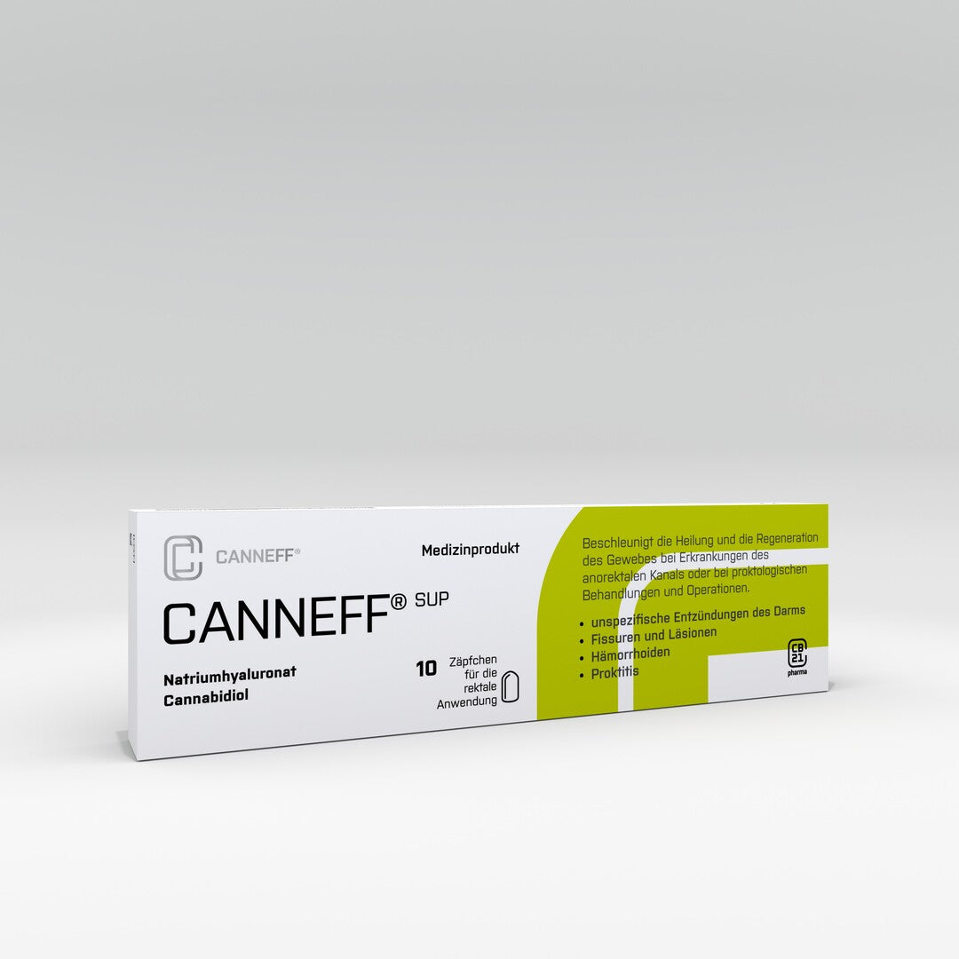 CANNEFF SUP Zäpfchen werden als unterstützende Behandlung bei der Heilung von Zuständen im Analkanal nach kolorektalen Operationen, inneren und äußeren Hämorrhoiden, Proktitis, Kryptitis, Analrhagaden, Fissuren und Analfisteln eingesetzt.